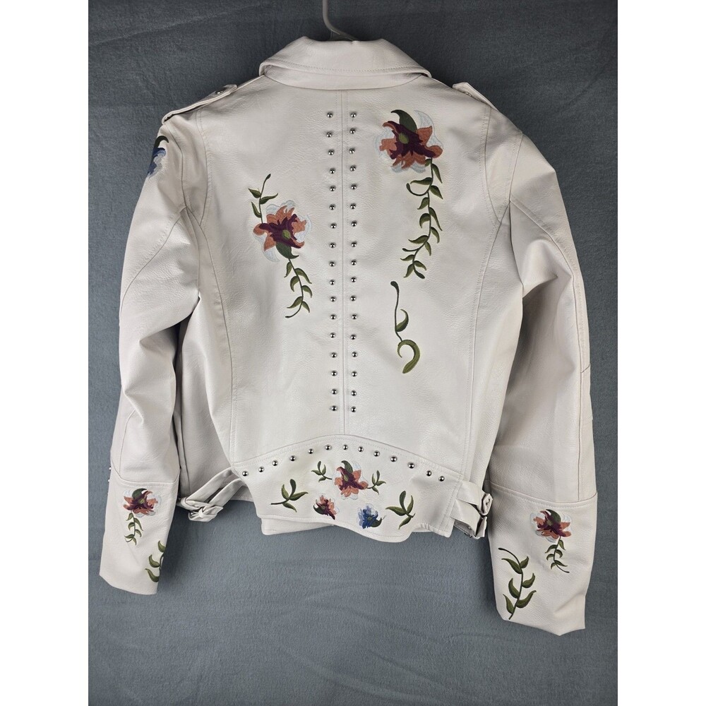 Womens Faux Leather Moto Jacket Floral Embroidered Studded Biker Motorcycle XXL - Picture 3 of 8